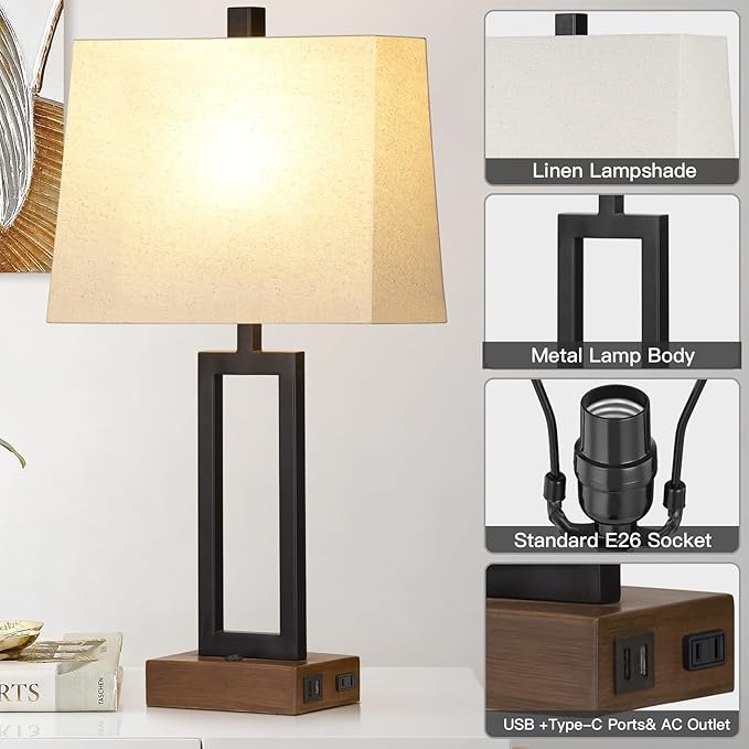 23.5" Table Lamps Set of 2, Modern Black Bedside Lamps with 2 USB Ports & AC Outlet, Contemporary Nightstand Lamps with Wood Base for Bedroom Living Room(LED Bulb Included) - Aura Lighting