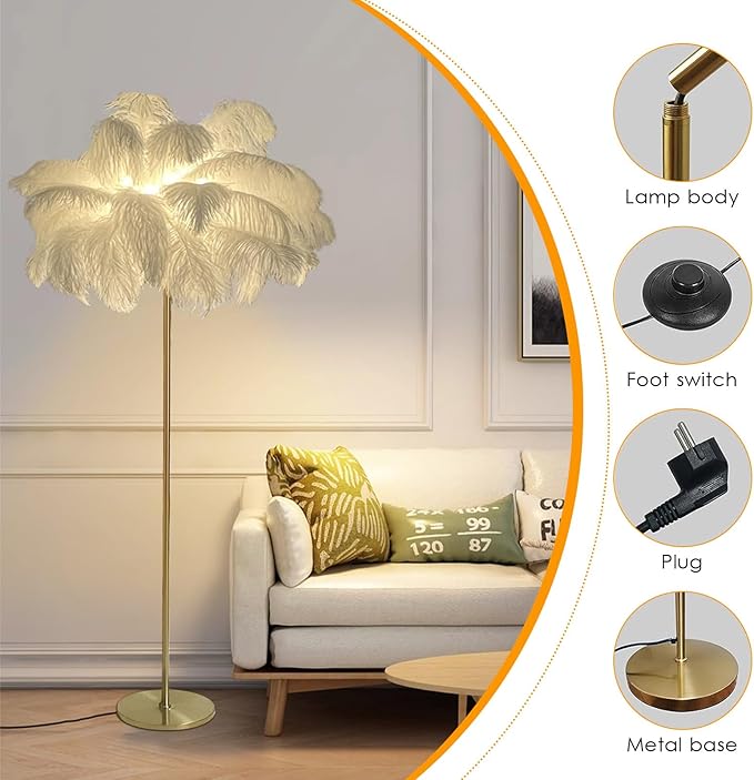 Ostrich Feather Floor Lamps, 3 Colors LED Bulb, Bedroom & Living Room Decorative Lamp (62.99 Inch High)