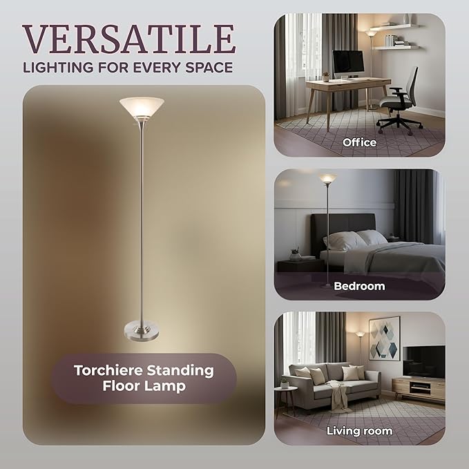 Torchiere Floor Lamp - Standing Bedroom Light with Sturdy Metal Base and Marbleized Glass Shade - LED Bulb Included by Lavish Home (Brushed Silver)