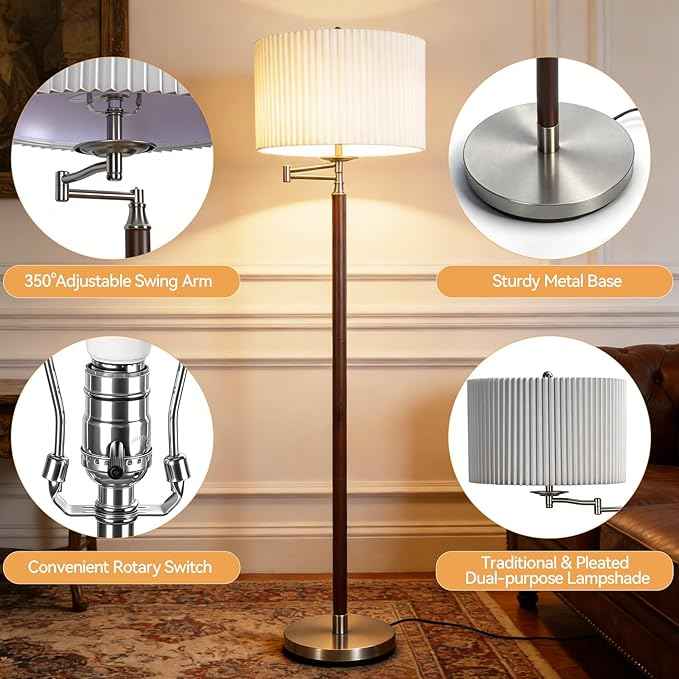 Traditional 350° Adjustable Swing Arm Farmhouse Floor Lamp for Bedroom, Modern Floor Lamps with Pleated Shade for Living Room, Rustic Standing Lamp Pole Lamps for Reading and Office
