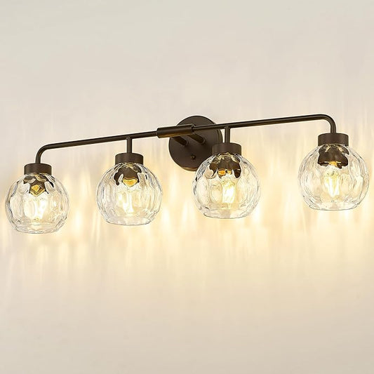 zeyu 4-Light Bathroom Vanity Light, 32 Inch Vintage Vanity Lighting Fixtures, Bathroom Lighting Fixtures with Water Ripple Globe Glass, ZS62BG-4W ORB-WG
