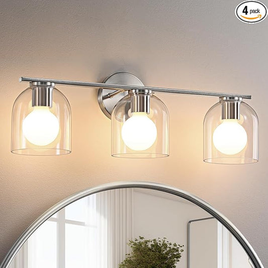 WOSHITU Bathroom Vanity Light Fixtures: 23.3 Inch Modern Brushed Nickel Bathroom Vanity Lights Over Mirror with Clear Glass Shade, 3-Light Farmhouse Vanity Lights Fixture