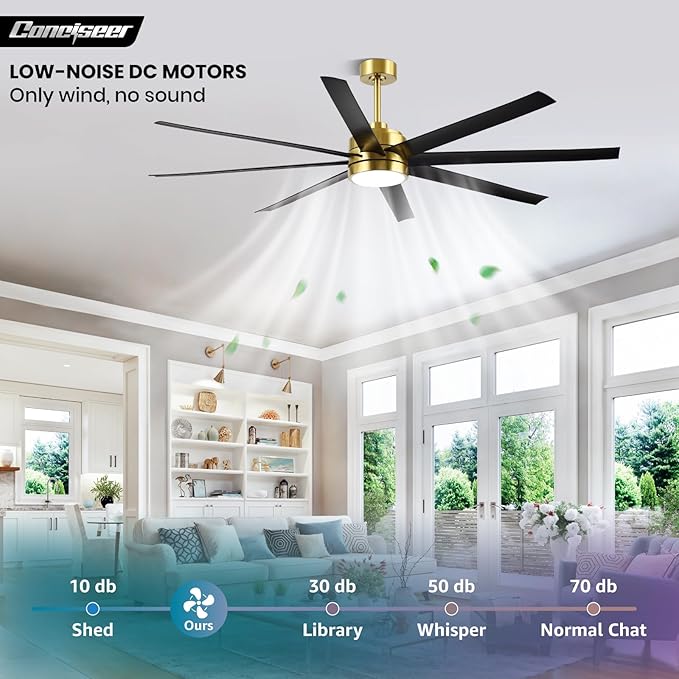 72 Inch Ceiling Fans with Lights and Remote for Living Room Kitchen Library Cafe Outdoor/Industrial Use, 3CCT Dimmable, Dual Color 8 Blades 6 Speed Reversible Quiet DC Motor, Gold/Black