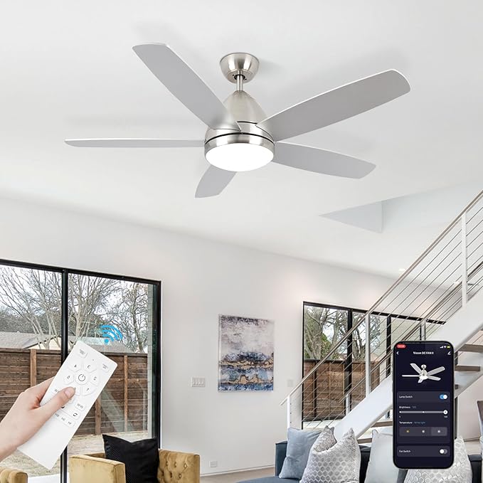 Smart Ceiling Fan with Light, Modern Nickel 52-Inch Outdoor Ceiling Fan and Remote/App, Dimmable Tri-Color LED and Reversible Motor for Indoor Bedroom/Outdoor Covered Patio - Aura Lighting