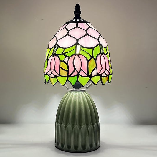 Tiffany Lamp Stained Glass Mushroom Table Lamps 6X6X12.5 Inch Pink Tulip Style Small Night Light Ceramic Base Mini Accent Desk Light Suitable for Bedside Table Bedroom Children Room