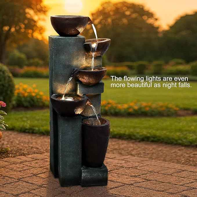 Naturefalls 39.7" Tall Outdoor Water Fountain and Waterfalls - Large Garden Fountain with LED Lights, 5-Tier Cascading, Indoor and Outdoor Fountains for Garden, Patio, Deck, Porch, Backyard and Home