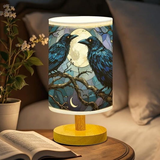 Raven and Crow Table Lamp LED 3-Color Pressed Bedside, Raven and Crow Shade Lamp with Wood Base for Bedroom Living Room Desk Office TL01