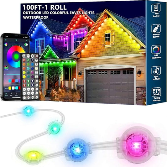 100FT Permanent Outdoor RGB Lights,IP67 Waterproof Smart LED Eaves Lights with App/Remote Control,for Christmas and All Holiday Decor,Daily and Accent Lighting,House Roof and Garden Lighting