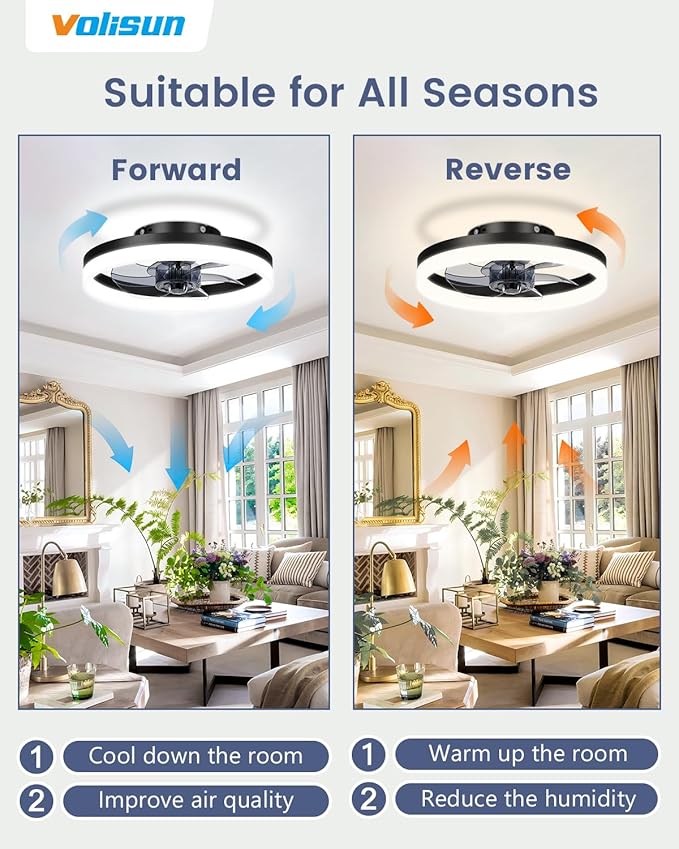 VOLISUN 13 inch Small Ceiling Fans with Lights and Remote, Low Profile Ceiling Fans with Light, 3000K-6500K Dimmable LED Ceiling Light Flush Mount, Bladeless Fandelier Ceiling Fan (Black) - Aura Lighting