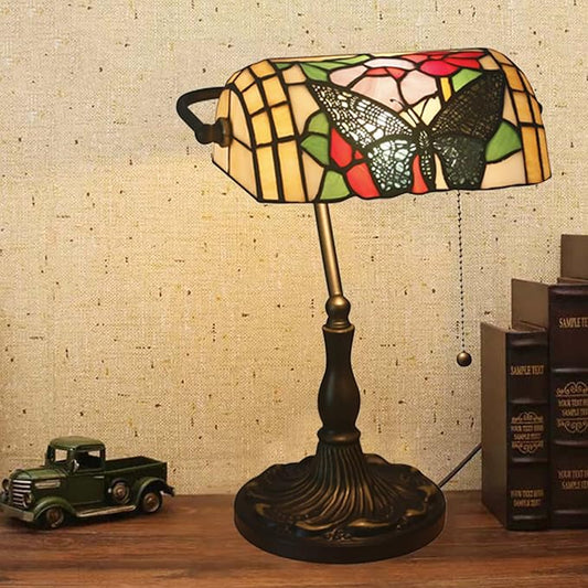 Banker Lamp, Bankers Lamps for Desk,Banker Desk Lamp,Tiffany Bankers Lamp, Stained Glass Lamp, Humming Bird Flower Rose Butterfly Pattern Coloured Glass Lampshade Alloy Base,Butterfly