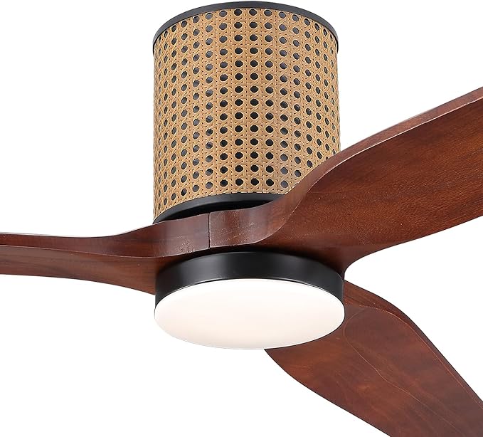 52" Ceiling Fan with Light - Low Profile Flush Mount Ceiling Fan, 6-Speed Remote Control, Solid Wood, Quiet Reversible DC Motor,Walnut/Black Finish, for Bedroom, Living Room, Porch - Aura Lighting