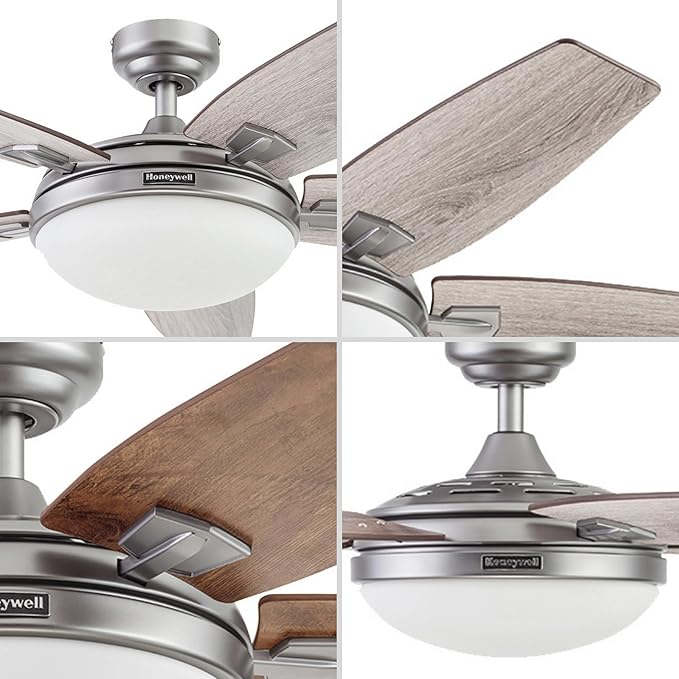 Honeywell Ceiling Fans Carmel Modern 48 Inch Ceiling Fan with Light, Remote Control Fan, LED Indoor Fan with 5 Blades, Gray Oak and Brown Chestnut Blade Finish Options, Silver (51627-01)