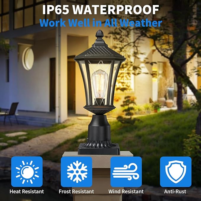 YSN Outdoor Post Lights 2 Pack, 16" Lamp Post Light Fixture, Black Pole Lights Outdoor, Waterproof Lamp Posts Outdoor Lighting with Pier Mount Base, Anti-rust Post Lamps for Outside Yard Garden Garage