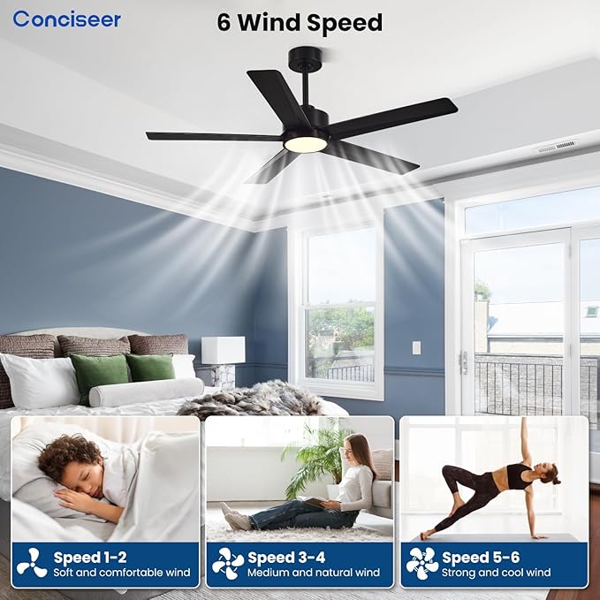 Modern Ceiling Fans with Lights,52 Inch Ceiling Fans with Remote for Bedroom Living Room Kitchen, 18W 3CCT Dimmable，5 Blades 6 Speed Reversible Quiet DC Motor Black