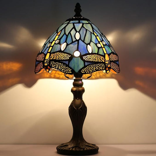 Tiffany Style Lamp Stained Glass Table Lamp 8 x 14.5 Mini Accent Light Blue Dragonfly Design Small Decorative Bedside Reading Memory Lamp