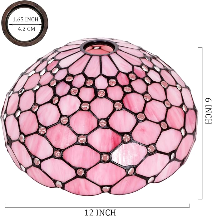 Tiffany Lamp Shade Replacement 12X6 Inch Stained Glass Lampshade Only 1-5/8-Inch Fitter Opening for Arched Floor Lamp, Torchiere Lamp, Pendant Light (Pink Pear Bead)