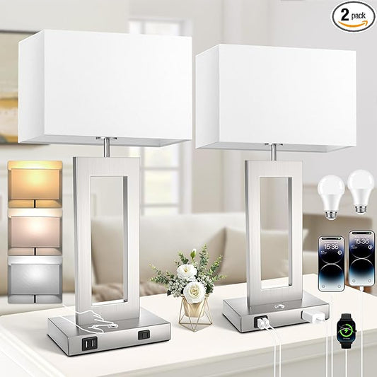 22’’ Touch Control Table Lamps Set of 2, 3 Color Temperatures Bedroom Bedside Lamps, Modern Silver Dimmable Lamps with USB Ports & AC Outlet, Tall Living Room Lamps for Nightstand End Table, 2 Bulbs