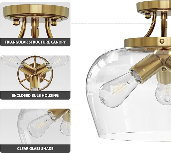 VONLUCE Semi Flush Mount Ceiling Light, 13.8" Ceiling Light Fixture with Clear Glass Shade, E26 Base, 3-Bulb Industrial Lighting Fixture for Hallway Entryway Bedroom, Brushed Gold, ETL Certificated - Aura Lighting