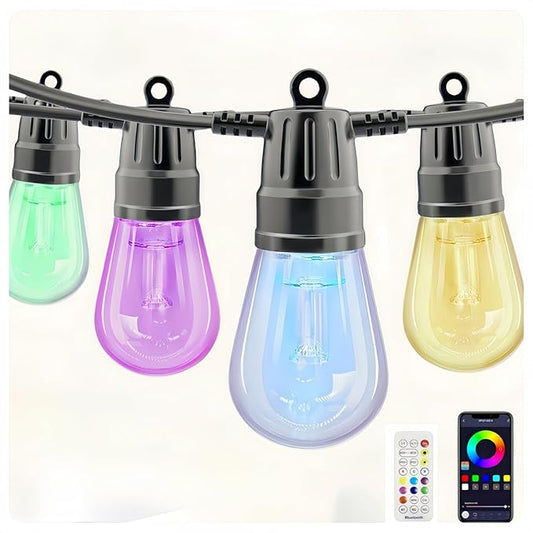 String Lights for Outside,49FT Outdoor String RGB Patio Lights with Waterproof 15 Bulbs,String Lights Patio with App & Remote, Color Changing String Light for Garden Yard Porch Party Decor
