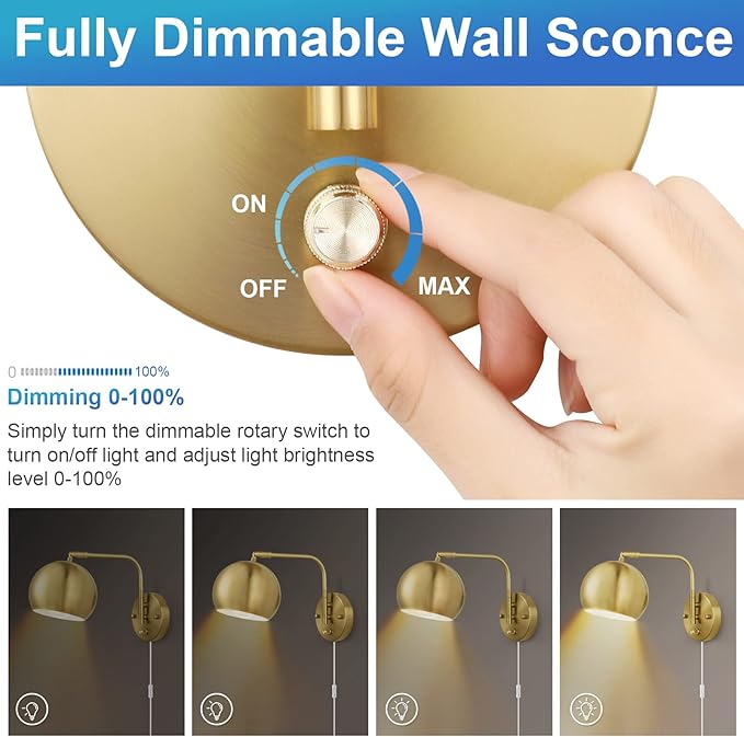 Wall Sconces Plug in, Dimmable Wall Sconce Swing Arm Wall Lights with Plug in Cord and Dimmer On/Off Knob Switch, Brushed Brass Globe Wall Light for Bedroom Bedside Hallway(2 Bulbs Included)