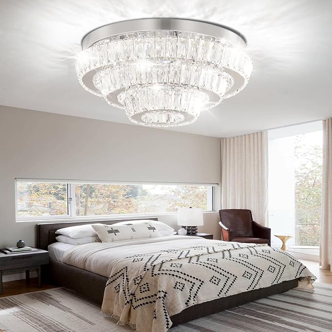 Modern 16.5" Crystal Chandelier Flush Mount, 3-Tier Round 50W Dimmable LED Ceiling Light with Remote, K9 Crystal Ceiling Fixture for Bedroom Living Room Dining Room, Low Ceilings