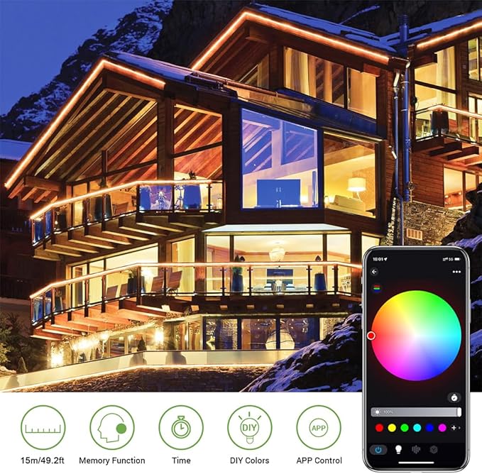 Novostella 49.2ft Smart LED Outdoor Rope Light, Music Sync RGB Strip Lights, App Control and RF Remote Color Changing Dimmable Tape Exterior Lighting Kit, for Garden Decorative Stairs Party, 24V IP65