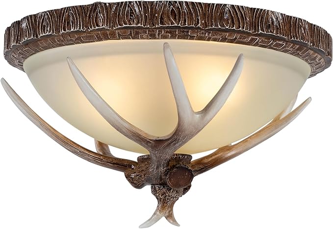 Vintage Antler Resin Ceiling Light, 110V Rustic Chandelier Fixture, 40-60W Retro Deer Horn Pendant Lamp, Decorative Flush Mount Lighting with 3 E26 Bulb Sockets for Living Room Bedroom Dining Room