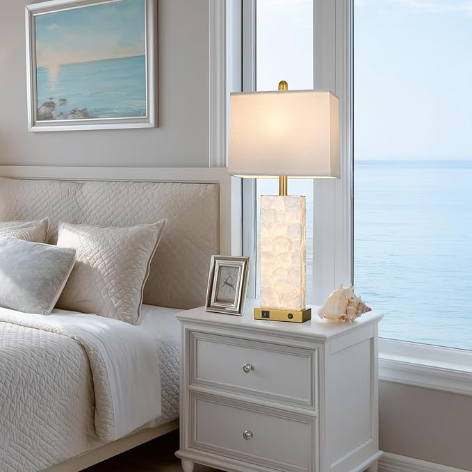 28" Coastal Table Lamps for Living Room, Bedside Lamps with Night Light, USB A+C Ports, Modern Sea Shell Bedside Night Stands Light for Beachy Cottage Decor (Gold 1Pack