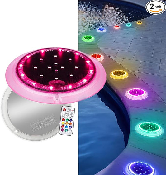 Solar Dock Lights, Color Changing 48 LEDs Super Bright Disc Driveway Light, Outdoor Waterproof Flat Low Profile, Anti-Trip&Anti-Slip for Marine, Ground, Pool, Pier, Deck (RGB-W, 2Pack)