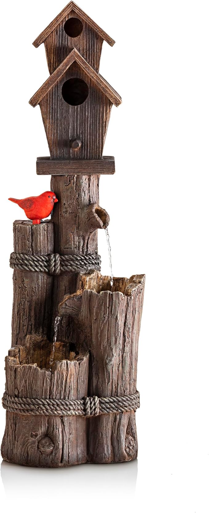 Alpine Corporation 35" Tall Outdoor 3-Tier Birdhouse Water Fountain with Cardinal Accent, Rustic Floor Decor for Garden and Patio, Brown