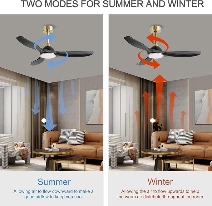 52 Inch Quiet DC Motor 6 Speed High CFM Ceiling Fan with Lights Remote Control, 3 Blade Black Gold Indoor Bedroom Modern Ceiling Fan
