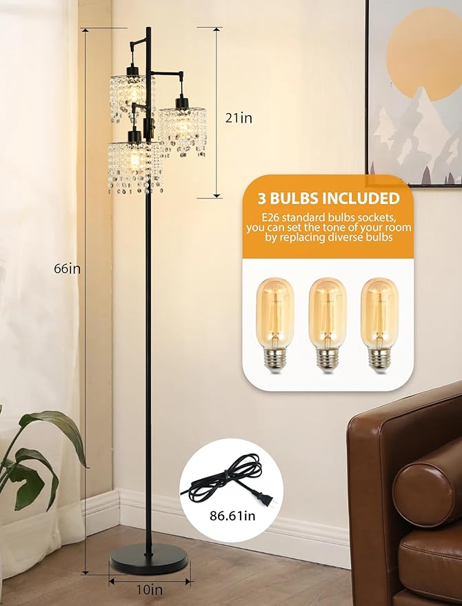 64" Crystal Floor Lamp with 3 Lights, Elegant Crystal Floor Lamp, Modern Standing Lamp, Gold Metal Base, K9 Crystal Beads with Grey Accentsfor Living Room, Bedroom, Office