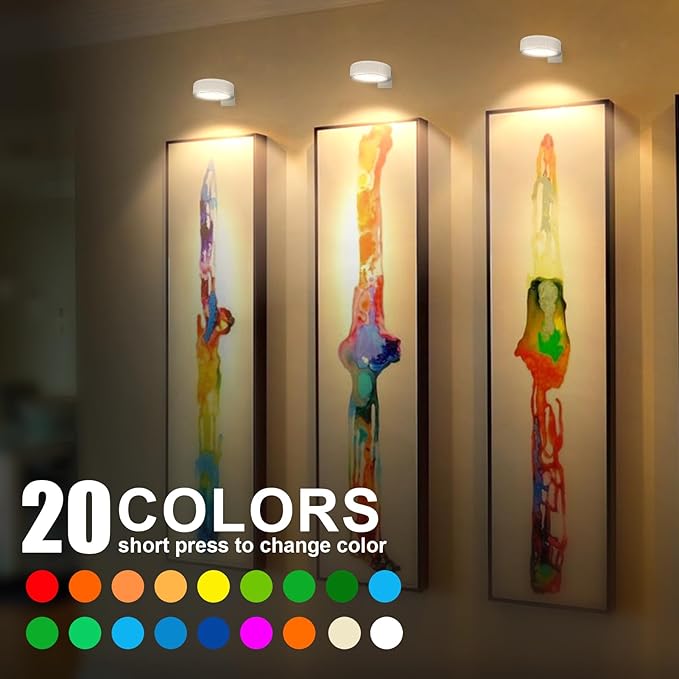 Wireless Picture Light, 20 RGB Color Magnetic Lights, Adjustable Timer Led Picture Frame Art Display Light, Wireless Gallery Display Wall Photo Light, 3 Pack White