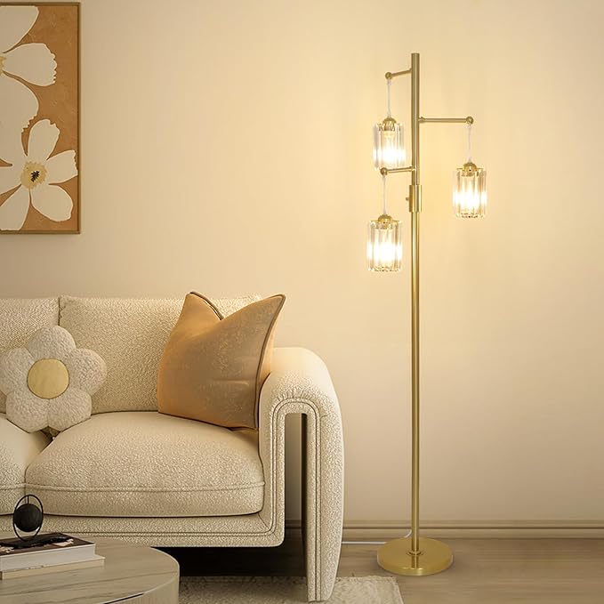 Gold Crystal Floor Lamps for Living Room, Dimmable 3 Lights Modern Standing Lamp with Crystal Shade, Dimmer Switch, 65" Industrial Tall Tree Lamp, Vintage Brass Corner Lamp for Bedroom