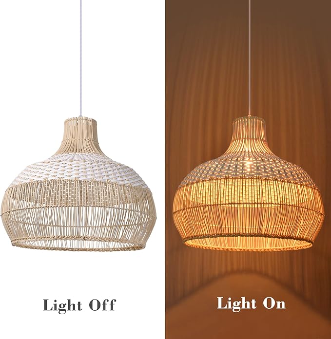Arturesthome 1 Light White Rattan Pendant Light, Wicker Hanging Ceiling Light Chandelier, Handmade Woven Lampshade for Kitchen Island