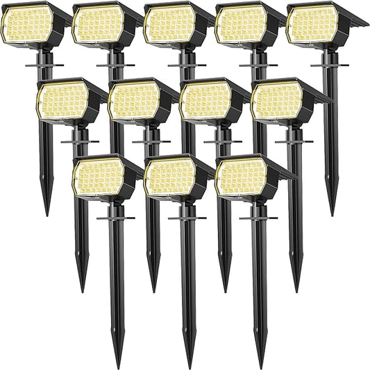 Solar Spot Lights Outdoor Waterproof IP65, 12 Pack Landscape Spotlights with 46 LEDs, 3 Modes Auto On/Off Solar Powered Flood Lights for Outside Pathway, Yard, Garden, Walkway (Warm White) - Aura Lighting