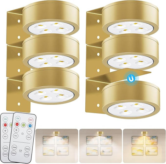 Wireless Battery Operated Painting Light with Remote Control,3 Lighting Modes Magnetic Led Art Display Light for Picture Frame, Dimmable and Timer, Wall Decor Display Light 6Pack Gold