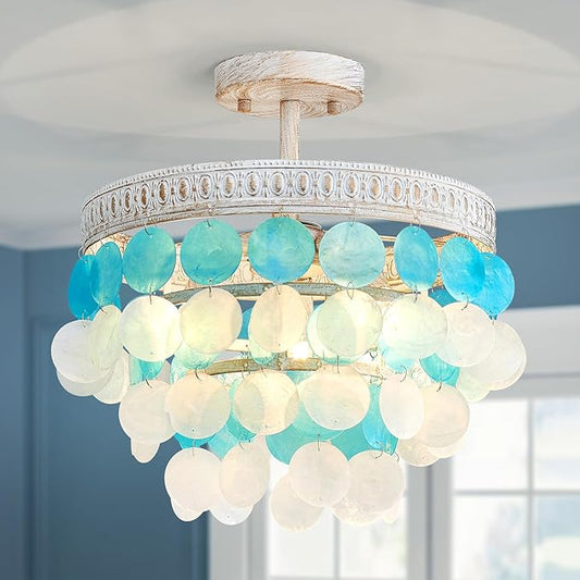 White Blue Capiz Shell Ceiling Light, Capiz Shell Chandeliers for Dining Room, Living Room, Bedroom, Hallway, D12.6'' × H13.4'', 3 * E12 Sockets, White Finish Frame & White Blue Shell - Aura Lighting