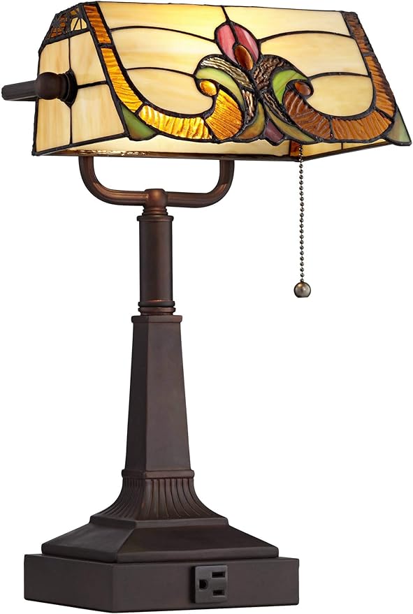 Robert Louis Tiffany Fleura Traditional Tiffany Style Piano Banker Desk Table Lamp 17" High with AC Power Outlet Bronze Floral Art Glass Shade Decor for Bedroom House Bedside Nightstand Home Office