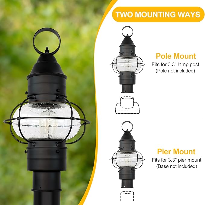 Kalium Outdoor Post Light Hard Wired, Matte Black Lamp Post Light Fixture with Seeded Glass,19" Waterproof Outside Column Lantern for Yard Driveway Patio Garden Walkway Landscape E26 Base Max 60