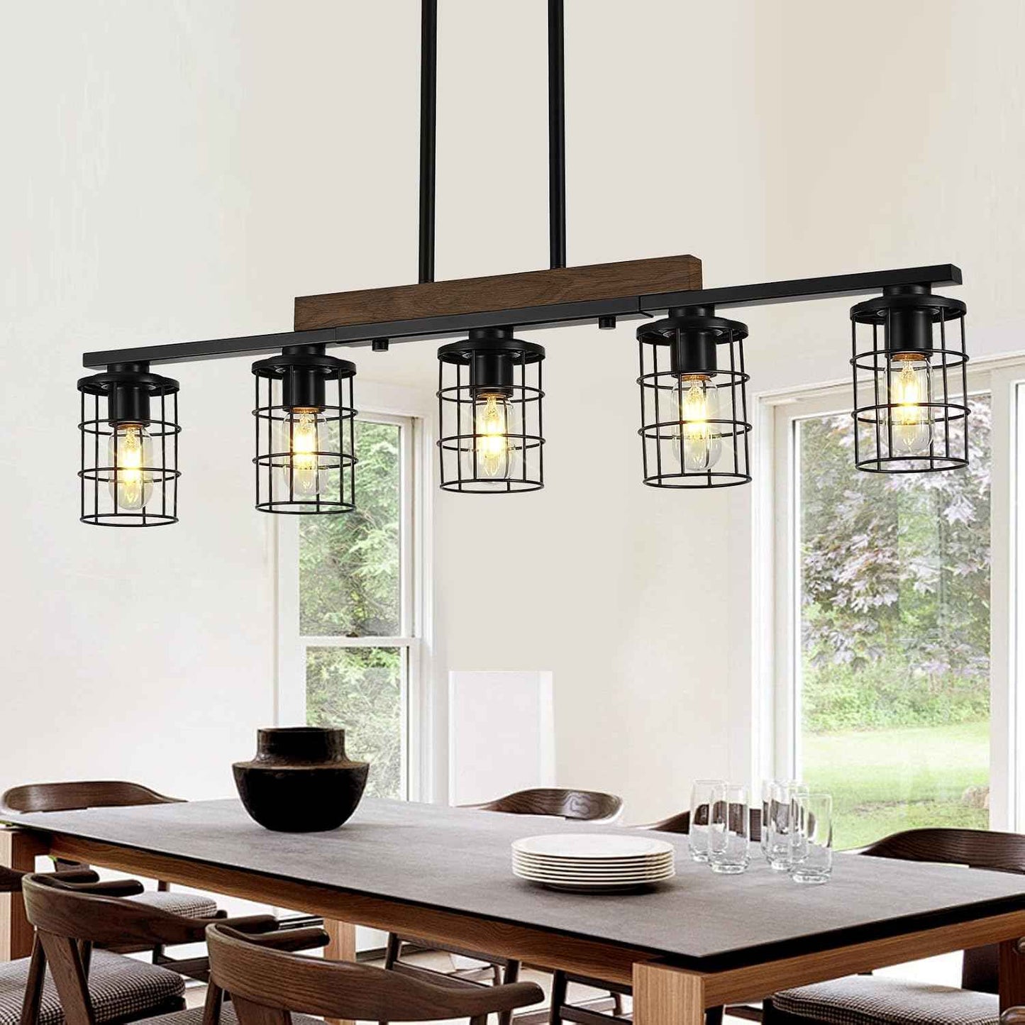 36" Farmhouse Kitchen Light Fixture, Black Hanging Kitchen Chandelier, 5-Light Rustic Dining Room Light Adjustable Height with Wood and Metal Frame, Suit for Farmhouse, Industrial Style