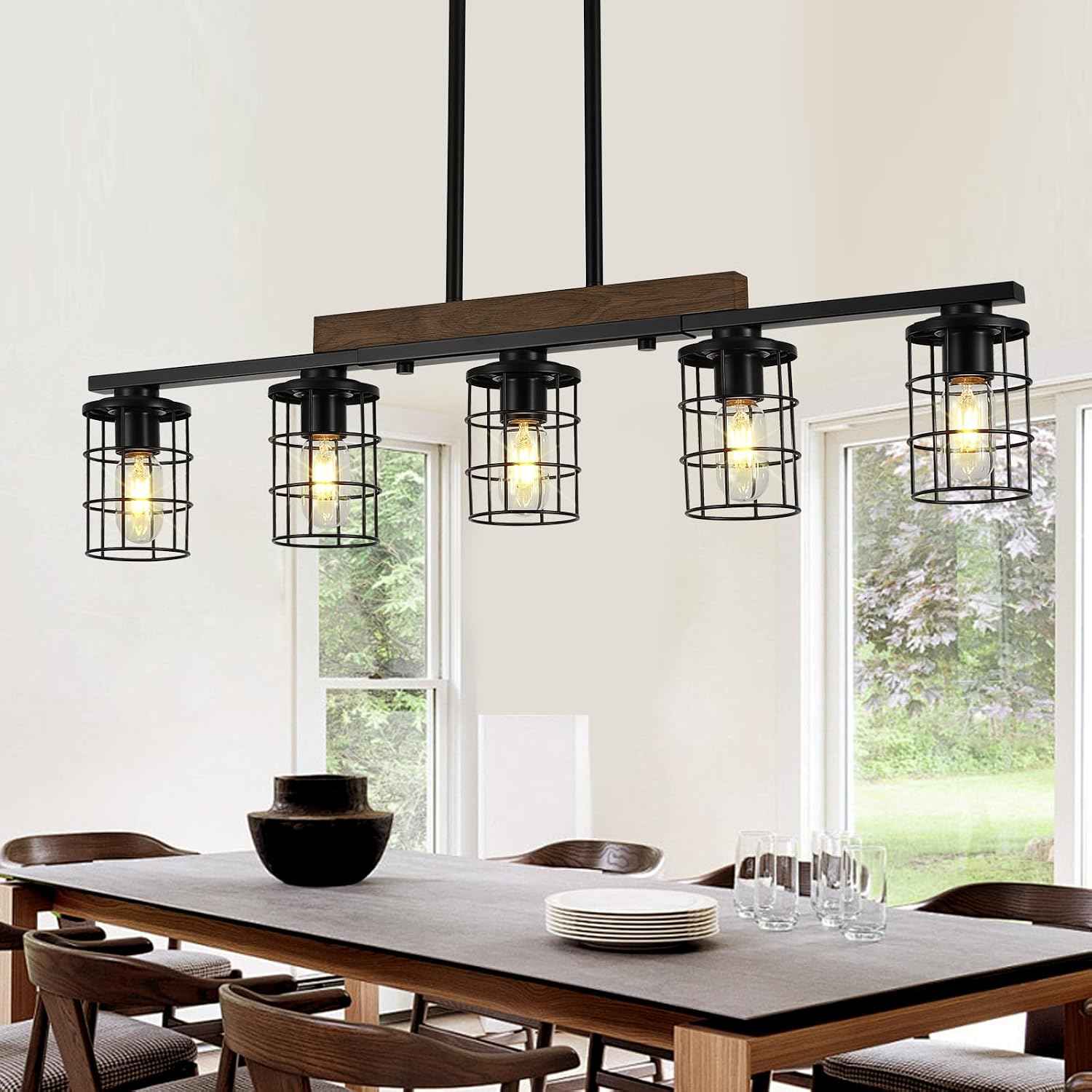 36" Farmhouse Kitchen Light Fixture, Black Hanging Kitchen Chandelier, 5-Light Rustic Dining Room Light Adjustable Height with Wood and Metal Frame, Suit for Farmhouse, Industrial Style