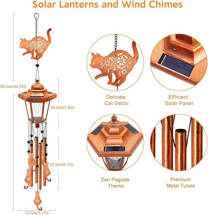 Cat Solar Wind Chimes for Outside, Birthday Gifts for Mom Women Grandma Mother's Day Memorial, 34-Inch Windchimes with Wind Spinner, Outdoor Hanging Solar Lights Waterproof Patio Yard Garden Decor