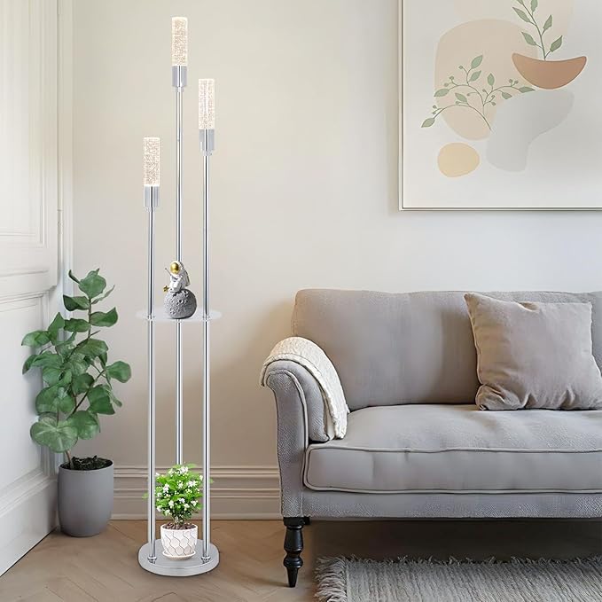 Bubble Crystal Floor Lamp with Shelves, 3 Lights Modern Standing Lamps for Living Room, Built-in LED Lights, Foot Switch, Industrial Tall Corner Floor Lamp for Bedroom Home Office, Silver