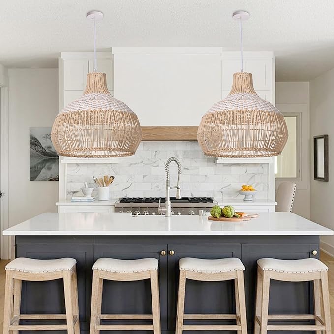 Arturesthome 1 Light White Rattan Pendant Light, Wicker Hanging Ceiling Light Chandelier, Handmade Woven Lampshade for Kitchen Island