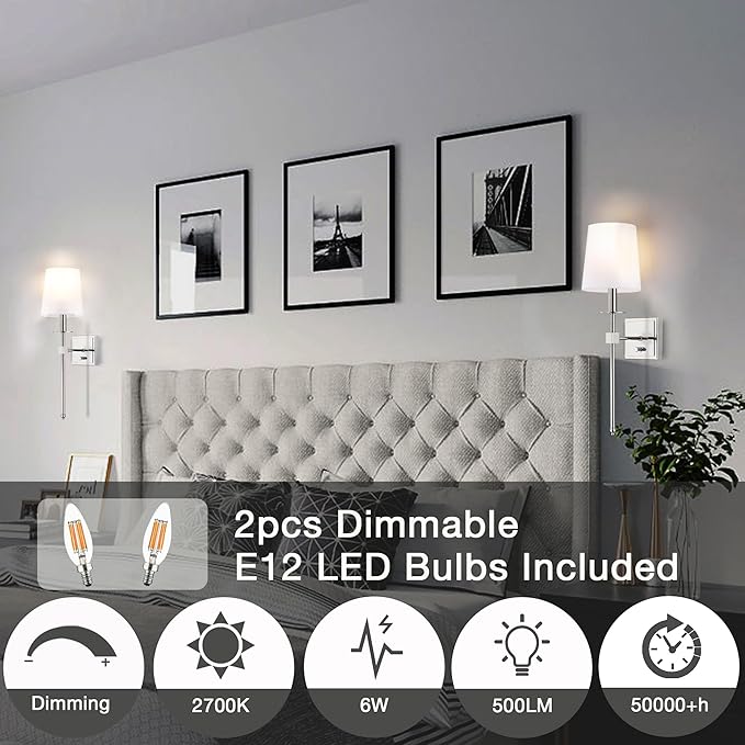 Untrammelife Wall Sconces Set of Two, Modern Farmhouse Sconces Wall Lighting with Dimmer ON/Off Switch, Industrial Hardwired Wall Lamps for Bedrooms, Living Room, Bathroom, Vanity (Bulbs Included)