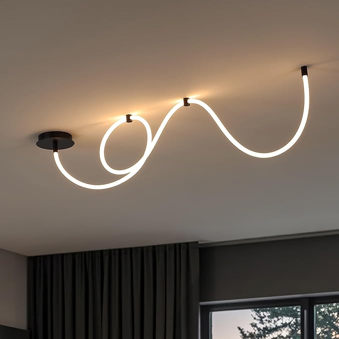JONATHAN Y 55" Black Modern Minimalist Linear LED Flush Mount Light, 360° Adjustable Silicone Neon Rope, Dimmable Lamp for Bedroom, Living Room, Home Office (JYL7141B)