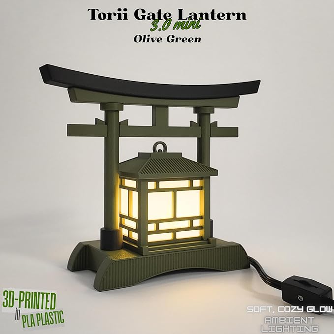 Japanese Torii Gate Lantern - Exquisite Japanese Decor for Home and Room | Unique Desk Lamp and Table Lamp Design | Mini Japanese Lantern Transforms Any Space (Olive Green)