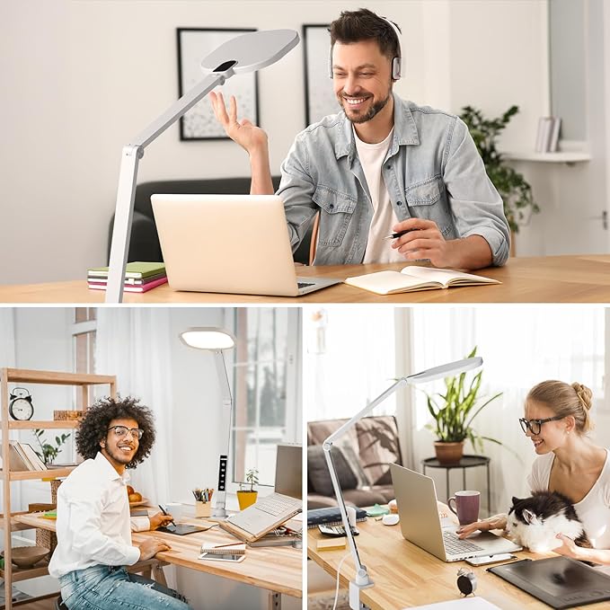 LED Desk Lamp for Home Office, 15W Desk Light with C- Clamp, Swing Arm, Memory & Timer Function, 1200LM Dimmable Computer Light for Video Calls, Conference, Study (White-Clamp) - Aura Lighting