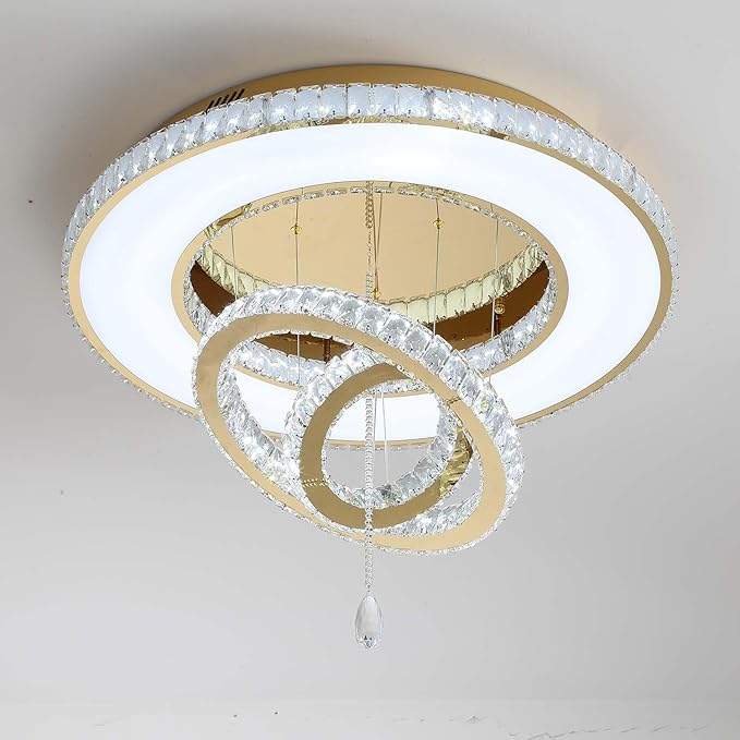 Flashing God Dia 32'' Modern Crystal Chandeliers for Living Room Crystal Flush Mount Ceiling Chandelier Large Chandeliers for Dining Room Bedroom Gold LED Dimmable 3000-6000K